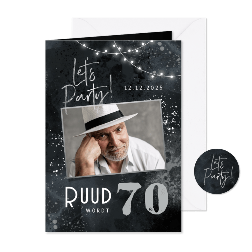 Uitnodigingskaart verjaardag verf zilver lampjes foto - Kaartimpressie