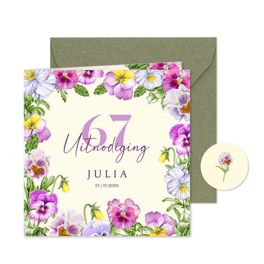 Uitnodigingskaart verjaardag viooltjes - Kaartimpressie