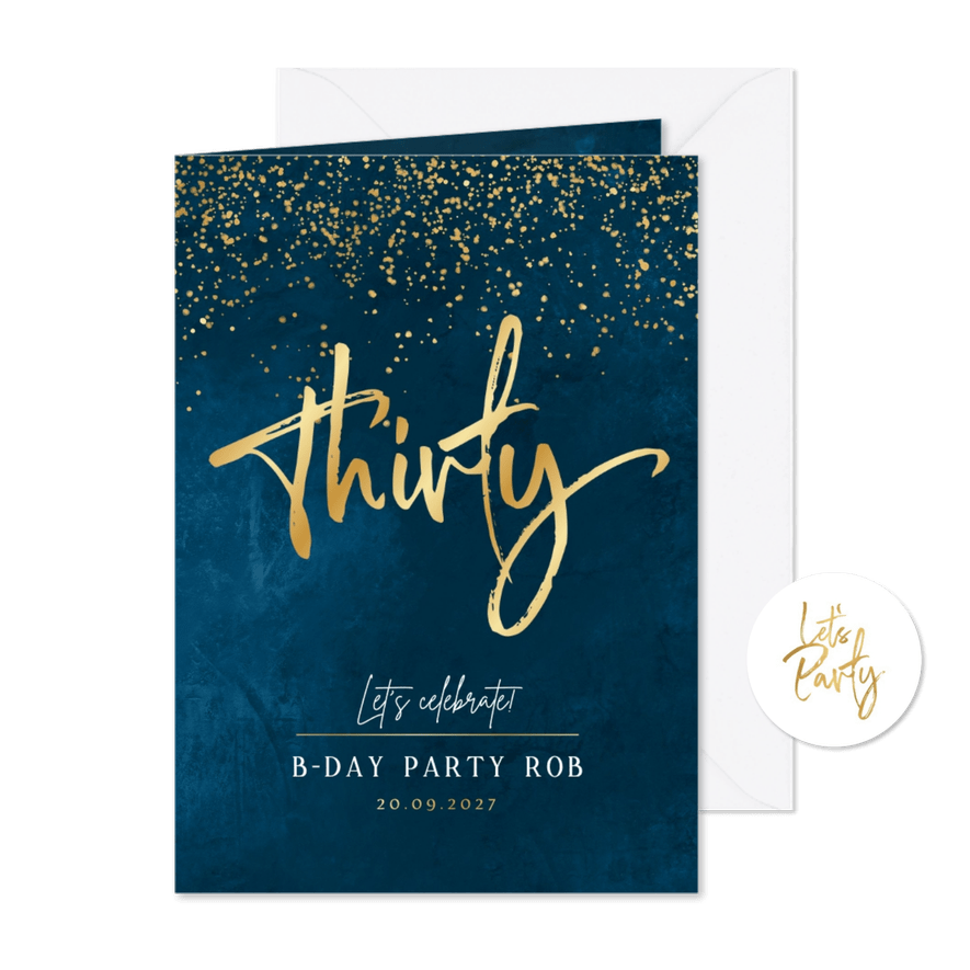 Uitnodigingskaart verjaardagsfeest 30 goud confetti - Kaartimpressie