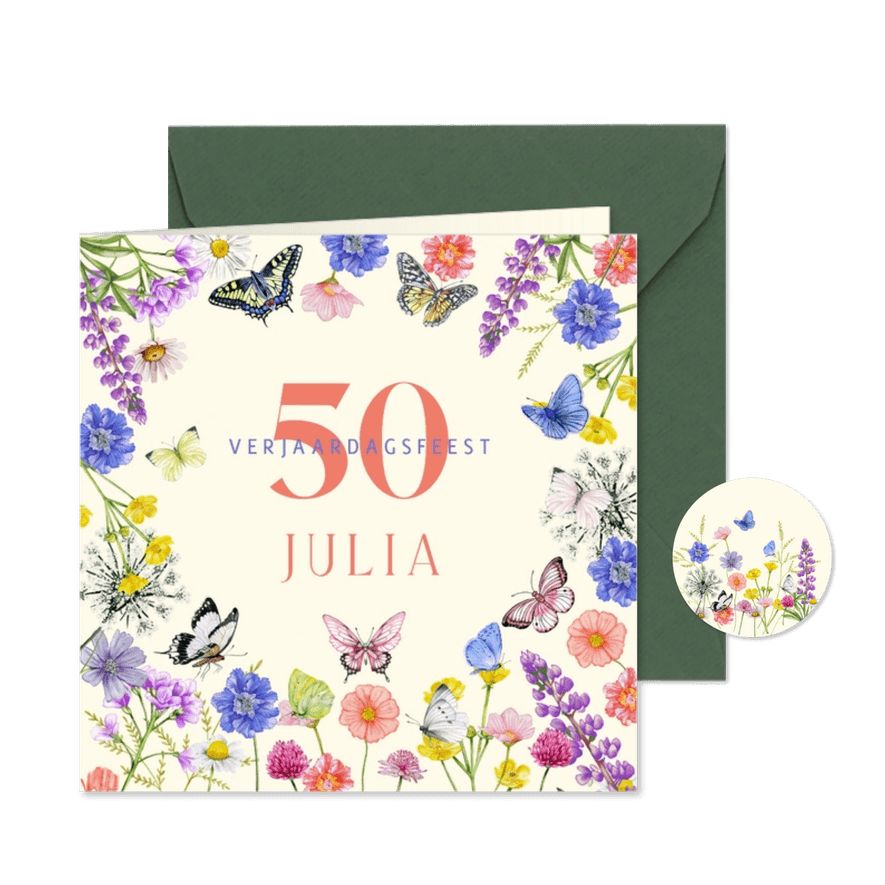 Uitnodigingskaart vlinders met veldbloemen - Kaartimpressie