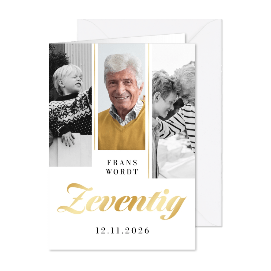 Uitnodigingskaart zeventig jaar goud fotocollage chic - Kaartimpressie