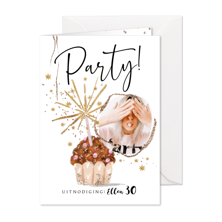 Uitnoding verjaardag party goudlook illustratie muffin ster - Kaartimpressie