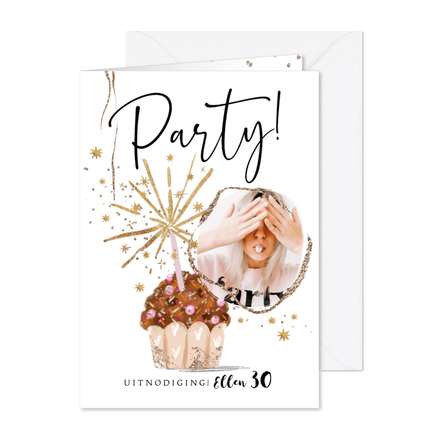 Uitnoding verjaardag party goudlook illustratie muffin ster - Kaartimpressie
