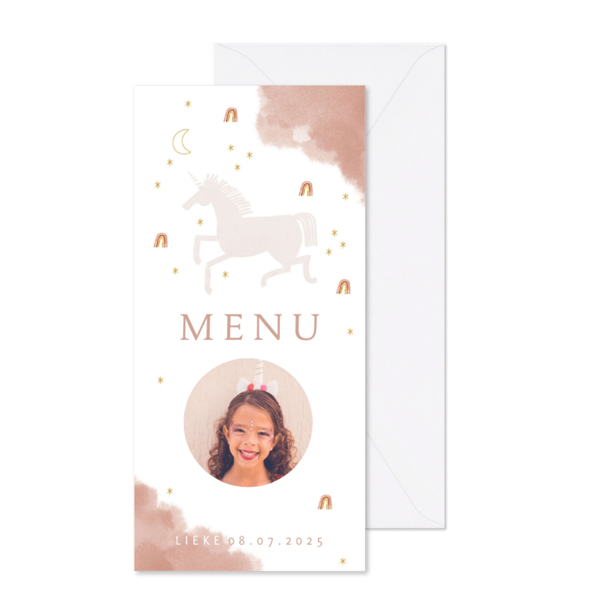 Unicorn en regenboogjes menukaart communie - Kaartimpressie