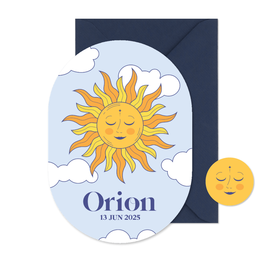 Uniek geboortekaartje blauw met zon met gezichtje - Kaartimpressie