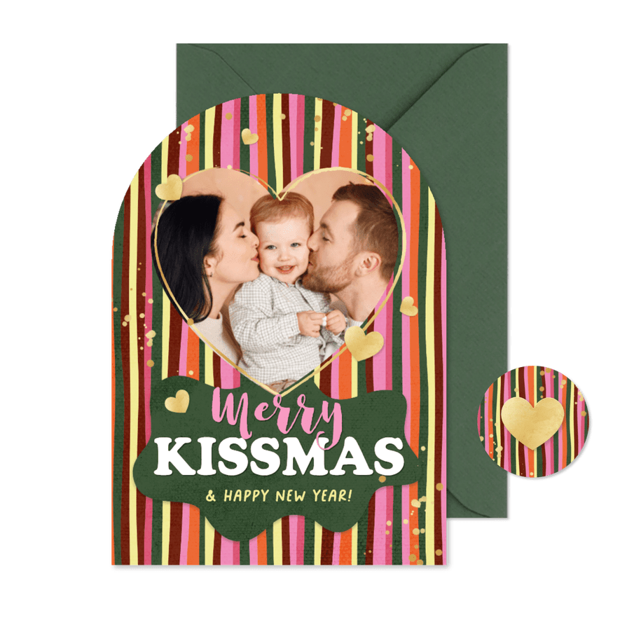 Unieke hippe kerstkaart boogvorm strepen hartjes foto goud - Kaartimpressie