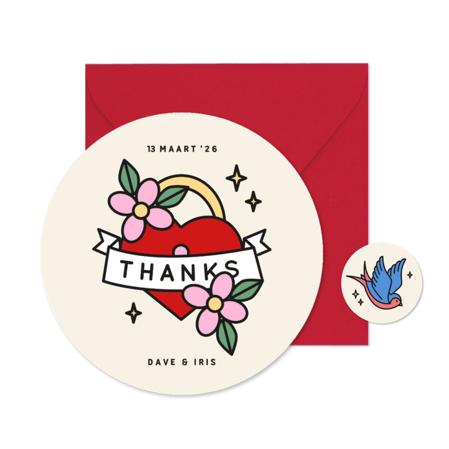 Unieke ronde trouwkaart bedankt in tattoo stijl - Kaartimpressie