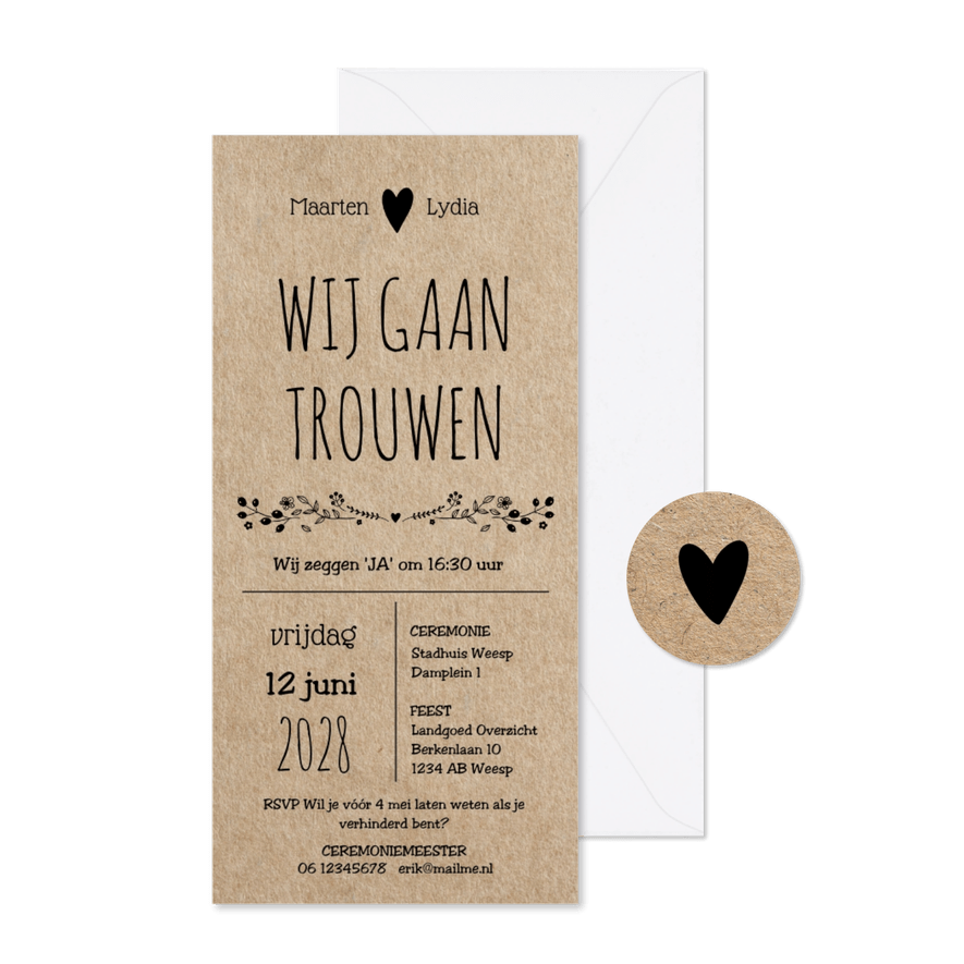 Unieke staande kraft look trouwkaart - Kaartimpressie