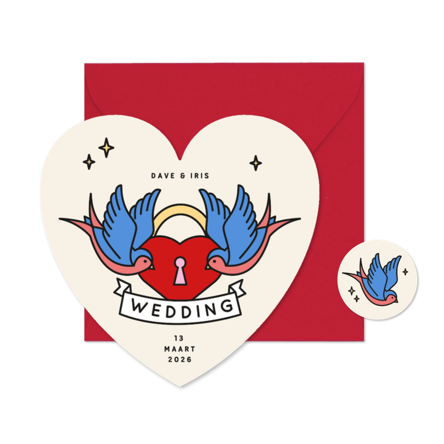 Unieke trouwkaart hartje met tattoo stijl vogels - Kaartimpressie