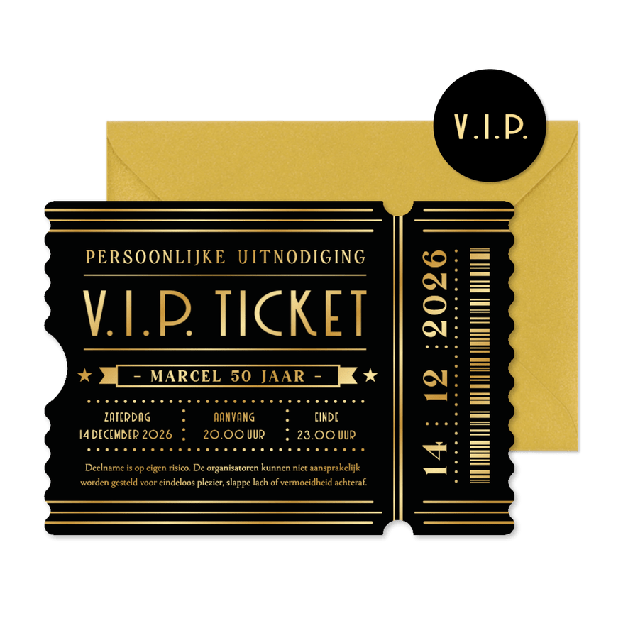 V.I.P. ticket uitnodiging verjaardag feestje in ticket vorm - Kaartimpressie