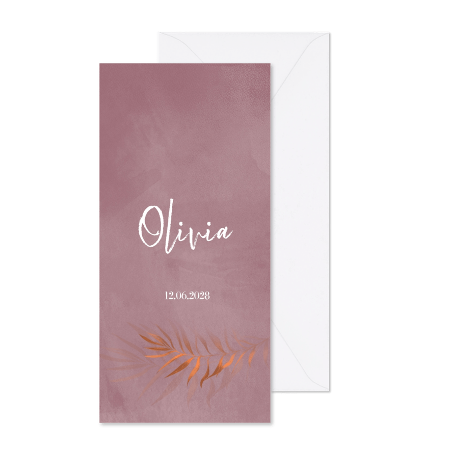 Velvet look roze geboortekaartje blad meisje - Kaartimpressie