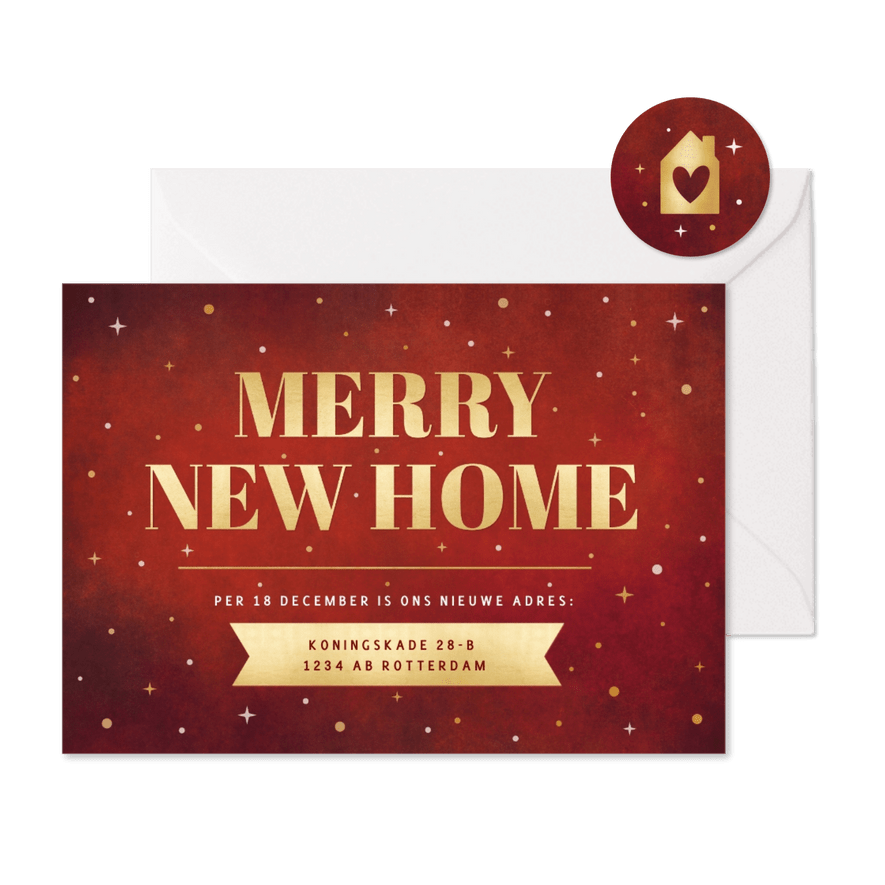 Verhuis kerstkaart Merry New Home rood met sterren - Kaartimpressie