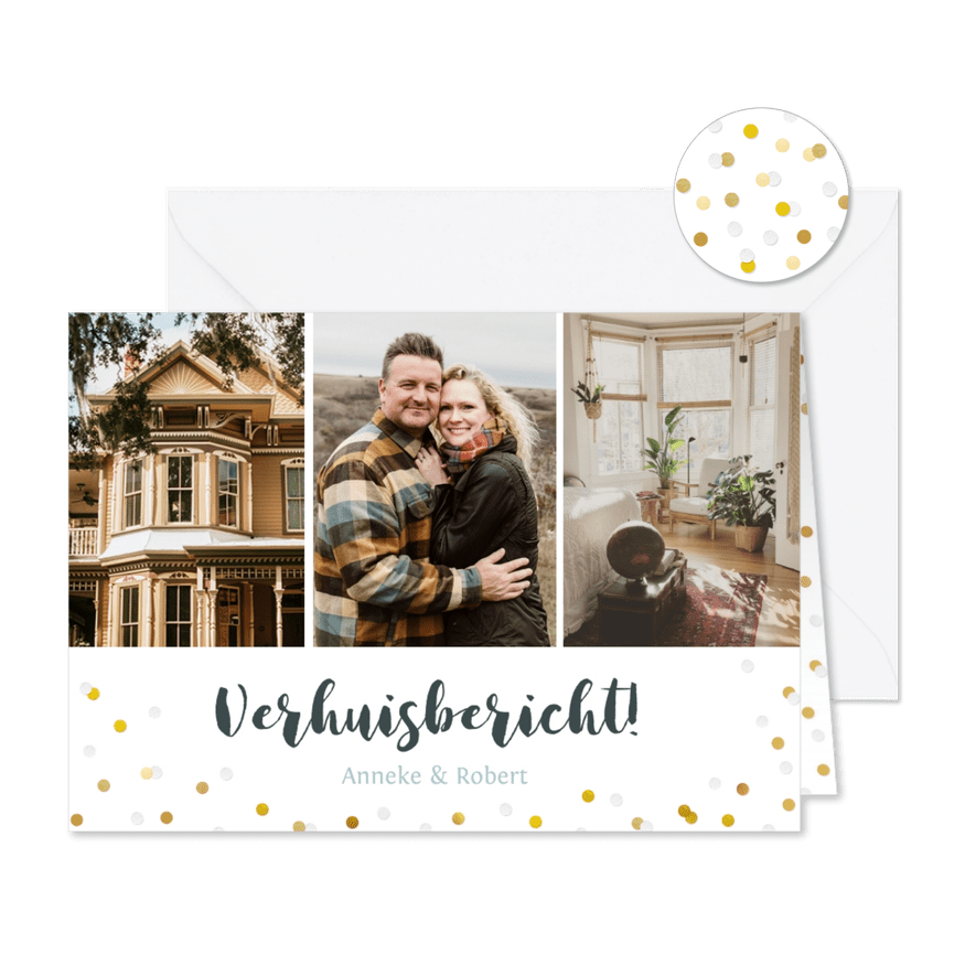 Verhuisbericht fotocollage kaart met 3 foto's en confetti - Kaartimpressie