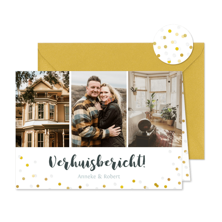 Verhuisbericht fotocollage kaart met 3 foto's en confetti - Kaartimpressie