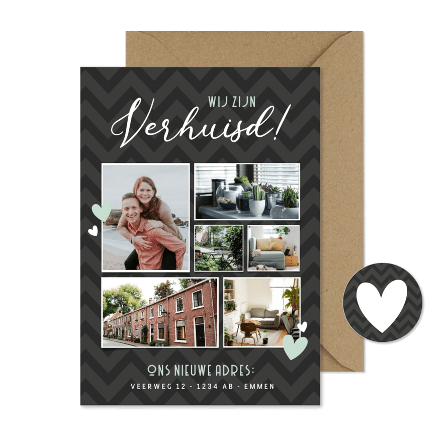 Verhuisbericht fotocollage met 6 foto's en nieuw adres - Kaartimpressie