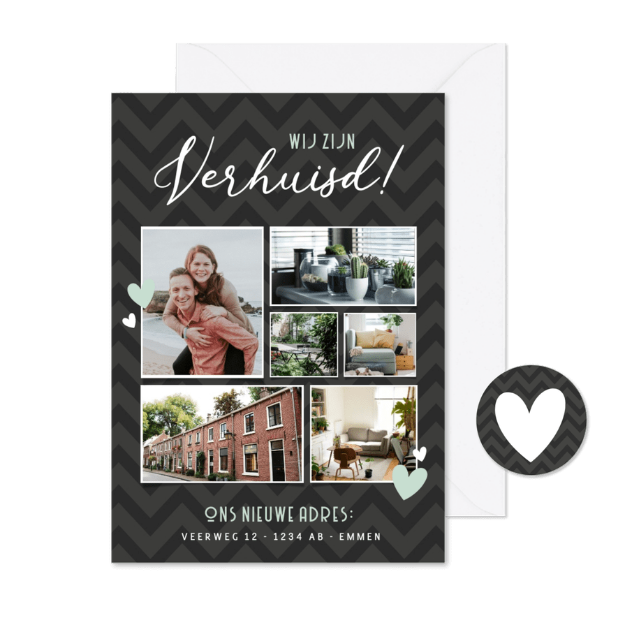Verhuisbericht fotocollage met 6 foto's en nieuw adres - Kaartimpressie