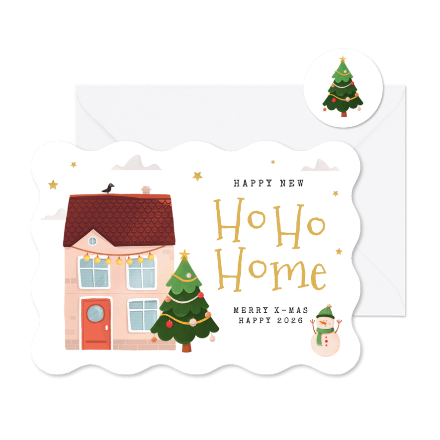 Verhuisbericht golfvorm huis kerstboom sneeuwpop ho ho home - Kaartimpressie