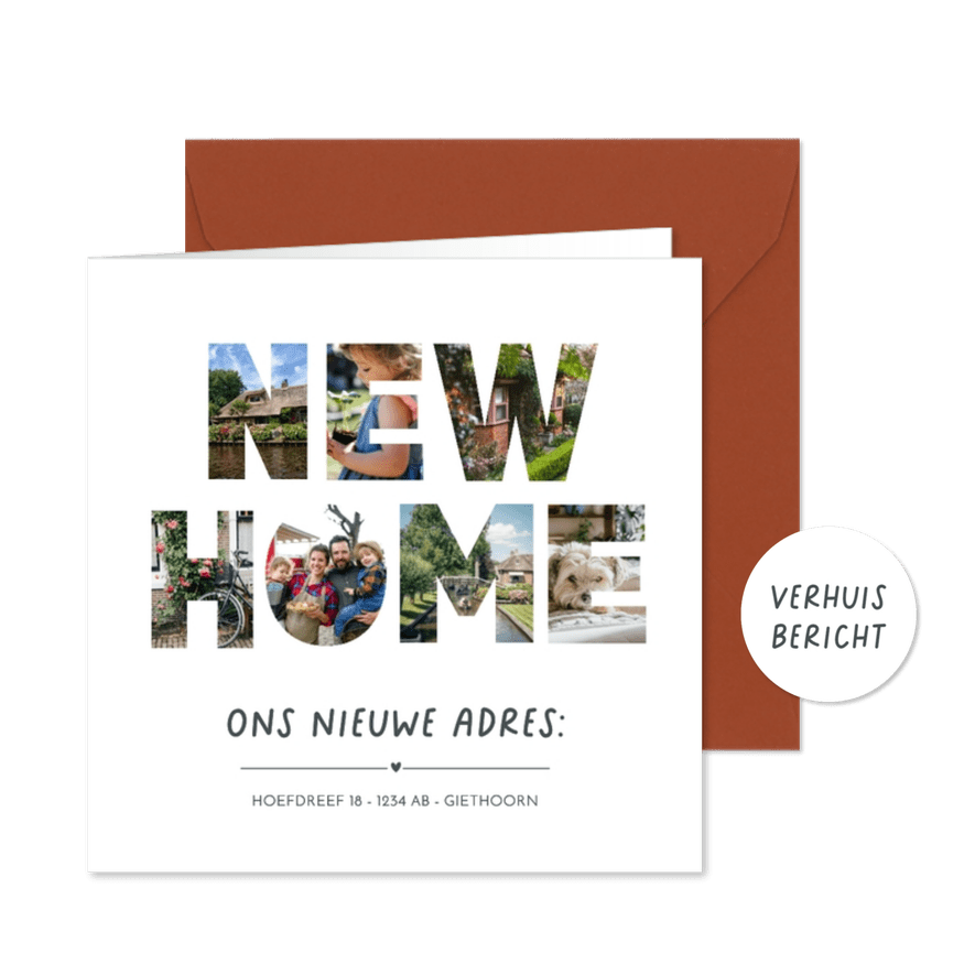 Verhuisbericht kaart met foto's in de letters NEW HOME - Kaartimpressie