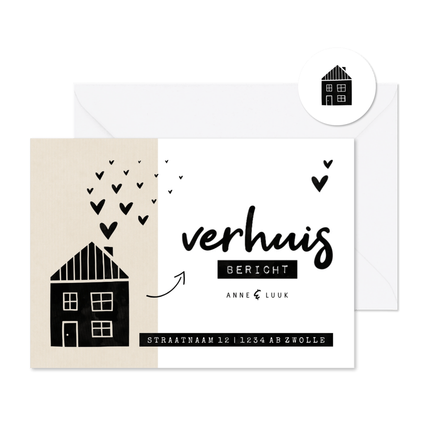 Verhuisbericht kraft huisje met hartjes - Kaartimpressie