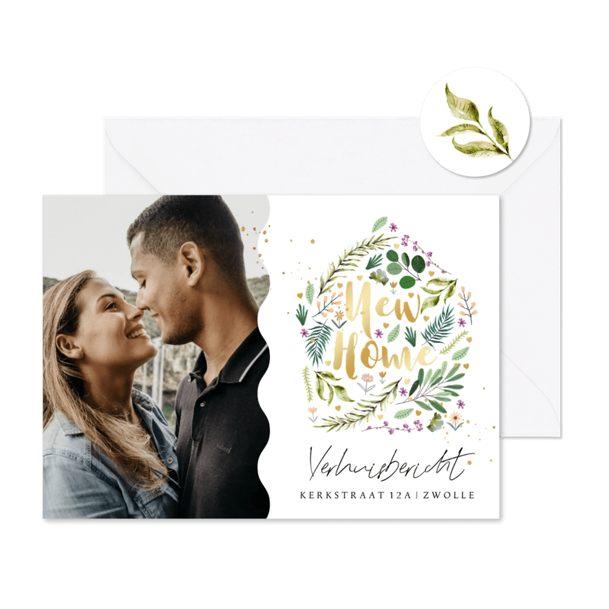 Verhuisbericht new home planten bloemen foto gouden hartjes - Kaartimpressie