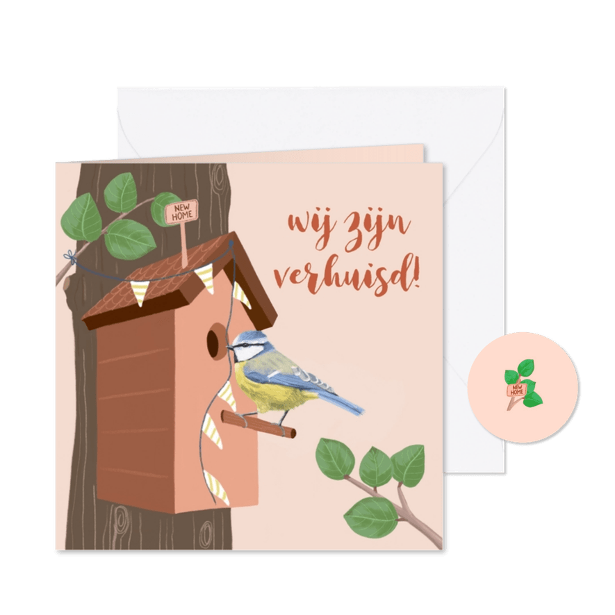 Verhuisbericht vogelhuisje met pimpelmeesje - Kaartimpressie