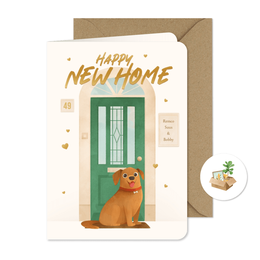 Verhuisbericht voordeur hond hartjes new home - Kaartimpressie