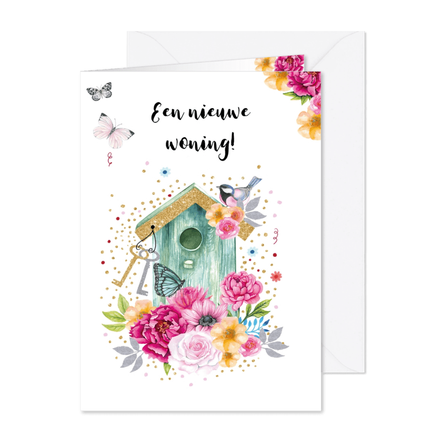 Verhuisd vogelhuis bloemen - Kaartimpressie
