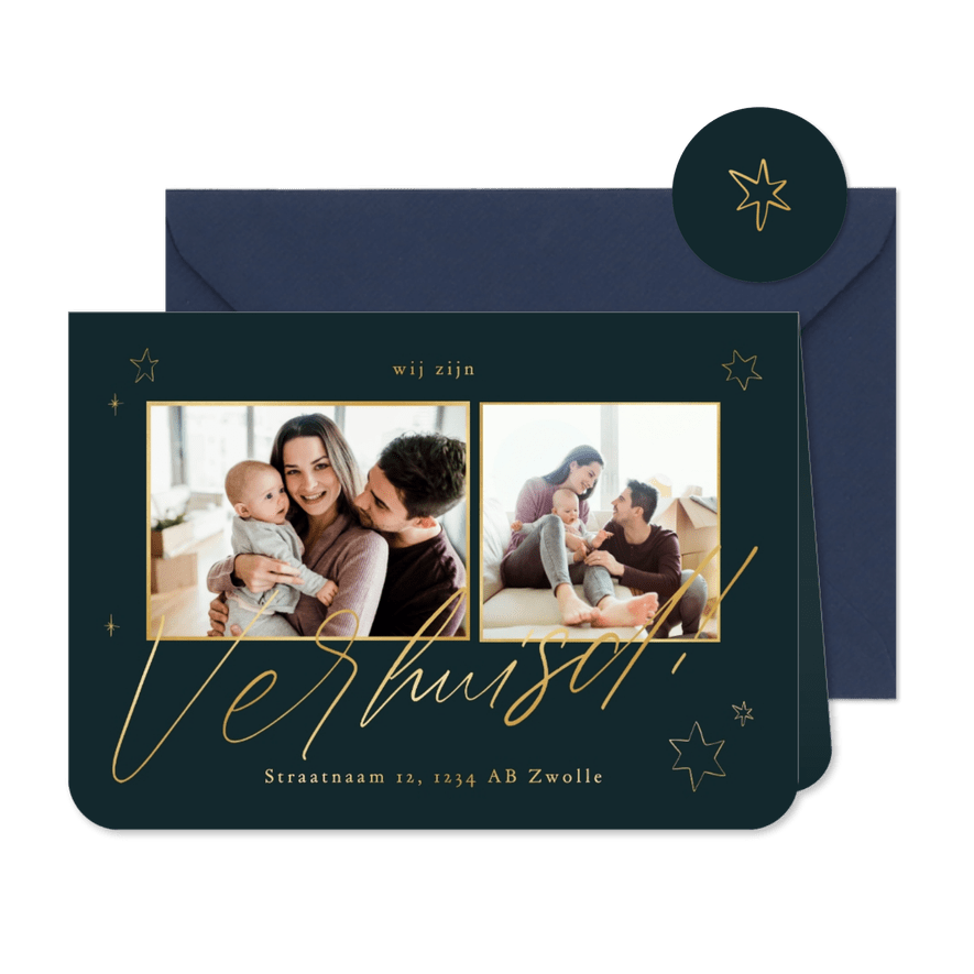 Verhuiskaart 2 foto's goud met inkt sterren - Kaartimpressie