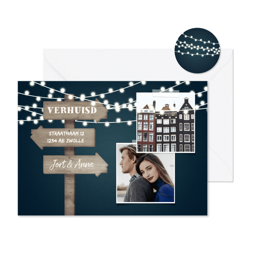 Verhuiskaart 2 foto's met lampjes en wegwijzerbord huisjes - Kaartimpressie