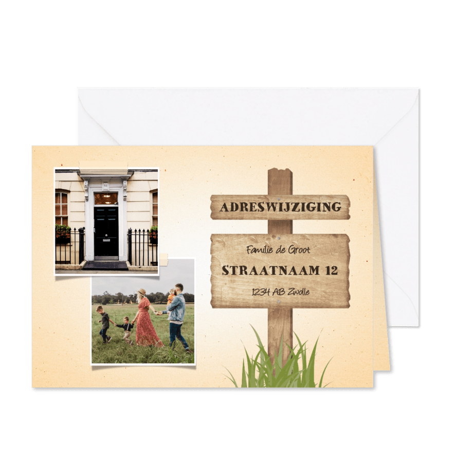Verhuiskaart 2 foto's met wegwijzerbord en gras - Kaartimpressie