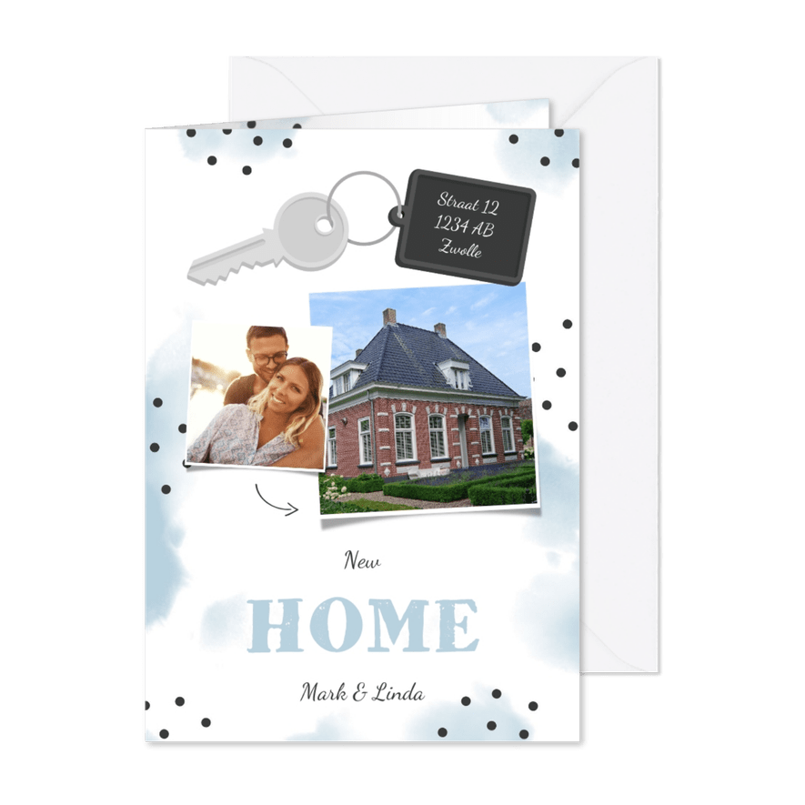 Verhuiskaart 2 foto's sleutel met label new home - Kaartimpressie