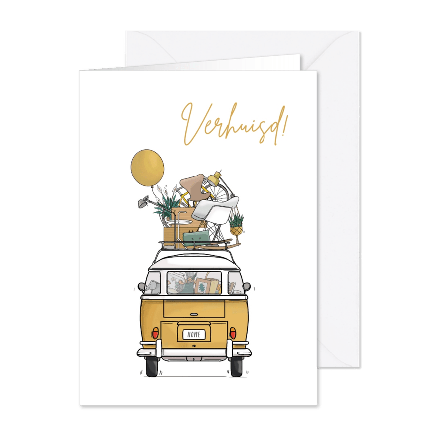 Verhuiskaart achterkant busje geel - Kaartimpressie