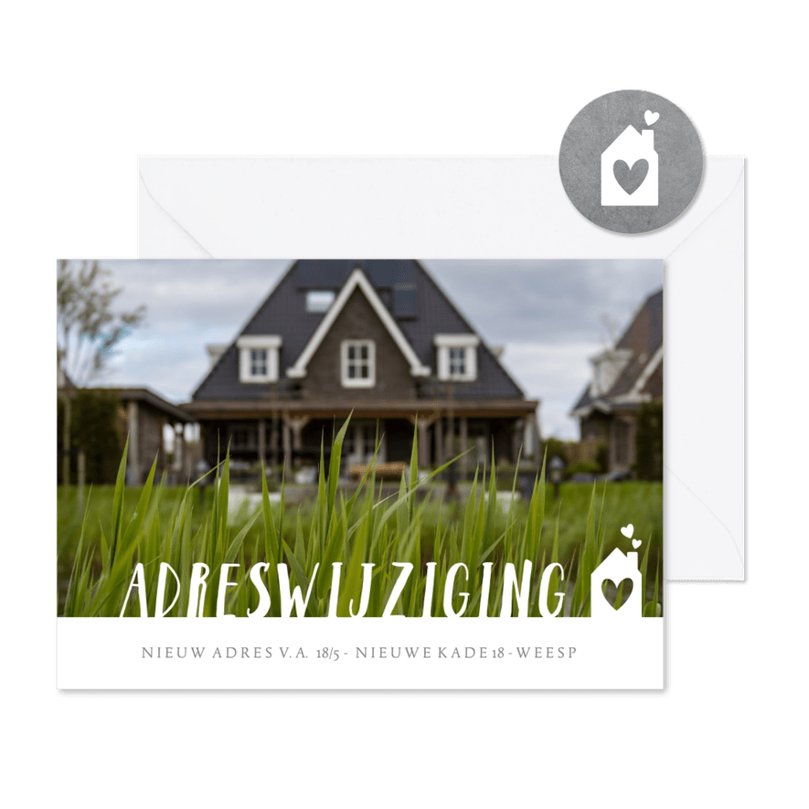 Verhuiskaart adreswijziging met grote foto, tekst en huisje - Kaartimpressie