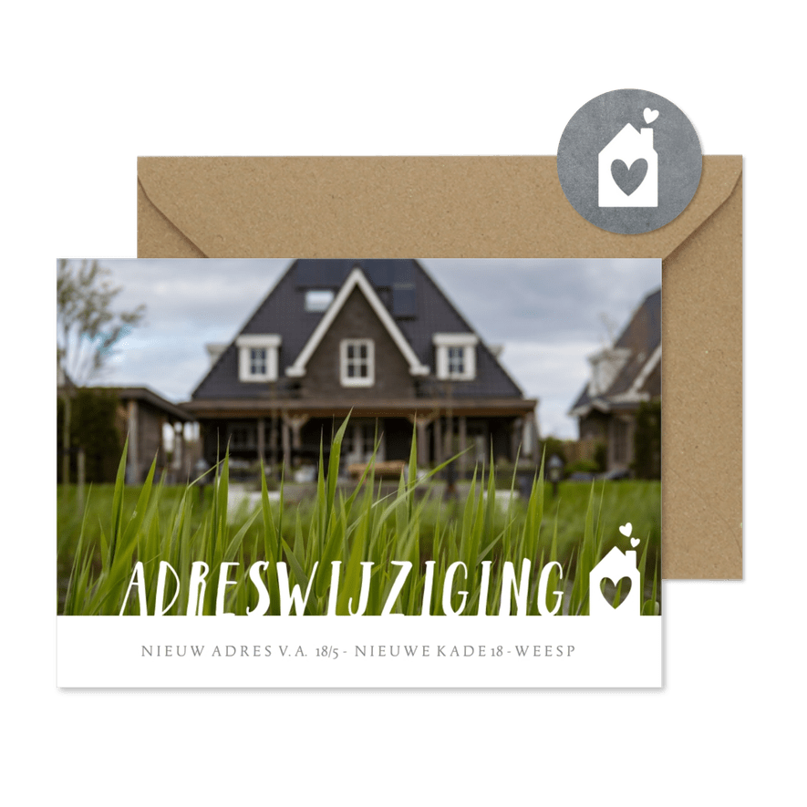 Verhuiskaart adreswijziging met grote foto, tekst en huisje - Kaartimpressie