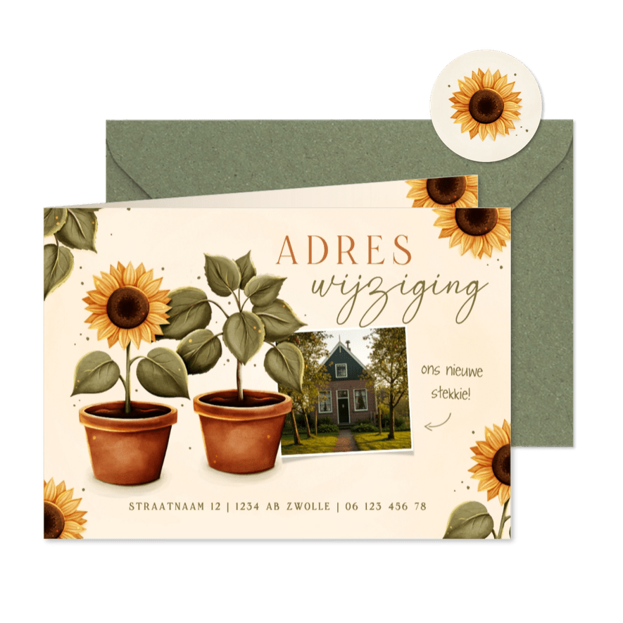Verhuiskaart adreswijziging met zonnebloemen - Kaartimpressie