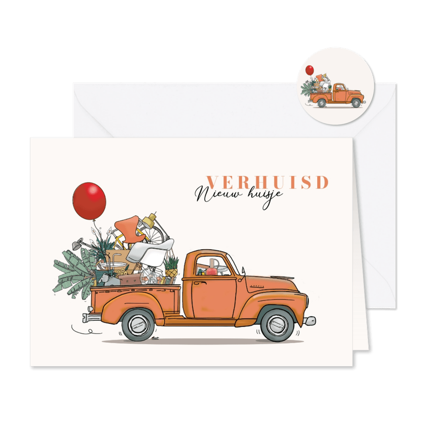 Verhuiskaart amerikaanse pickup oranje - Kaartimpressie
