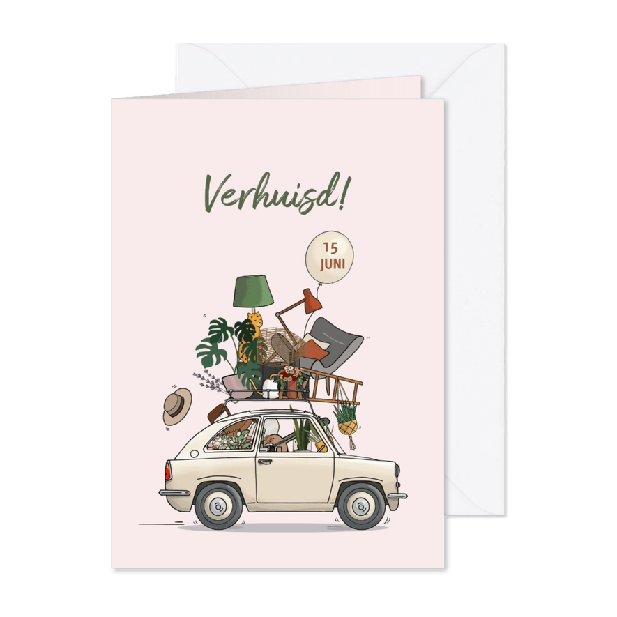 Verhuiskaart auto beige met verhuisspullen - Kaartimpressie