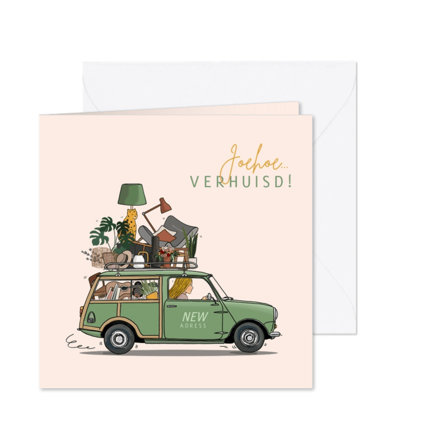 Verhuiskaart auto Mini Traveller met spullen - Kaartimpressie