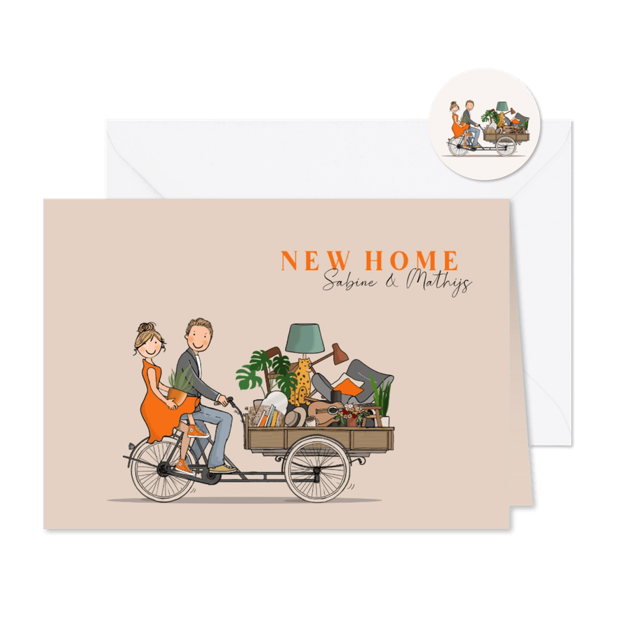 Verhuiskaart bakfiets met stel en verhuisspullen - Kaartimpressie