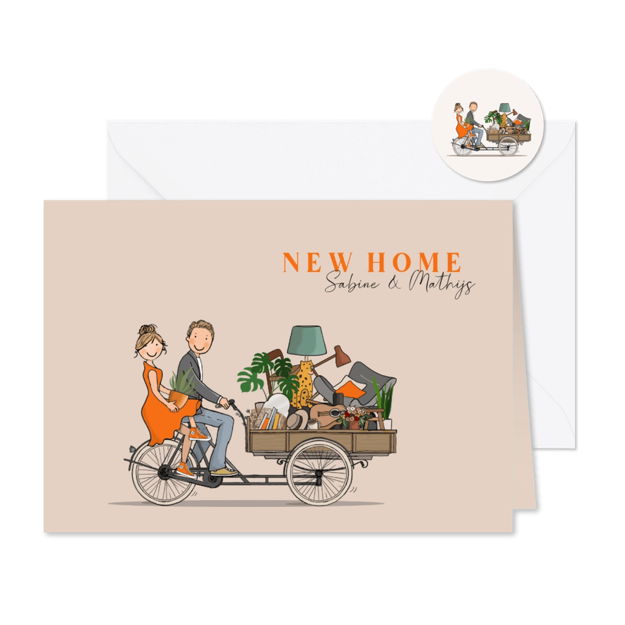 Verhuiskaart bakfiets met stel en verhuisspullen - Kaartimpressie