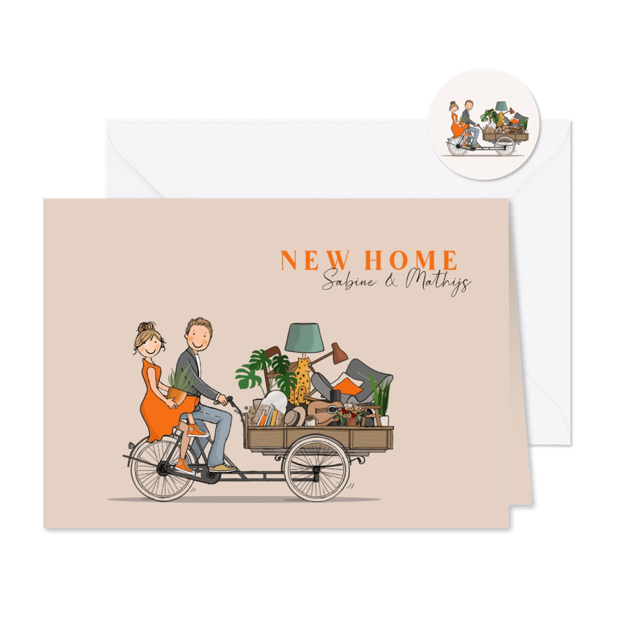 Verhuiskaart bakfiets met stel en verhuisspullen - Kaartimpressie