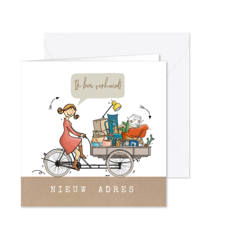 Verhuiskaart bakfiets vrouw av - Kaartimpressie