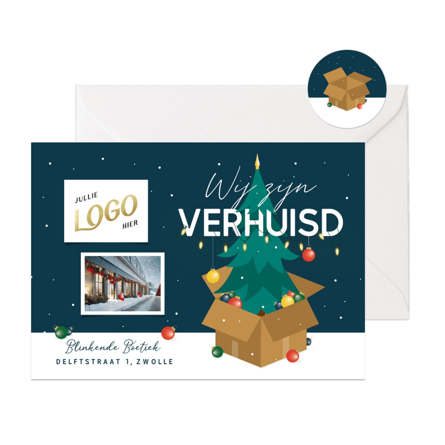 Verhuiskaart bedrijf kerstboom kerstballen winter kerst - Kaartimpressie