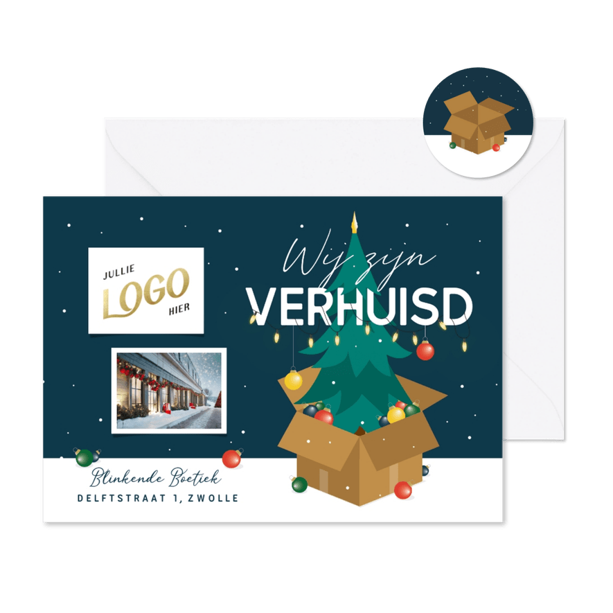 Verhuiskaart bedrijf kerstboom kerstballen winter kerst - Kaartimpressie