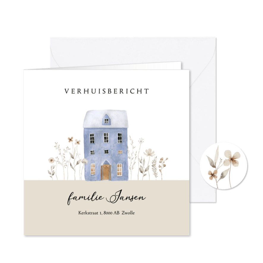 Verhuiskaart blauw huis en droogbloemen - Kaartimpressie