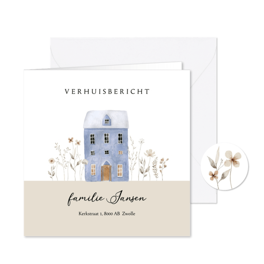 Verhuiskaart blauw huis en droogbloemen - Kaartimpressie