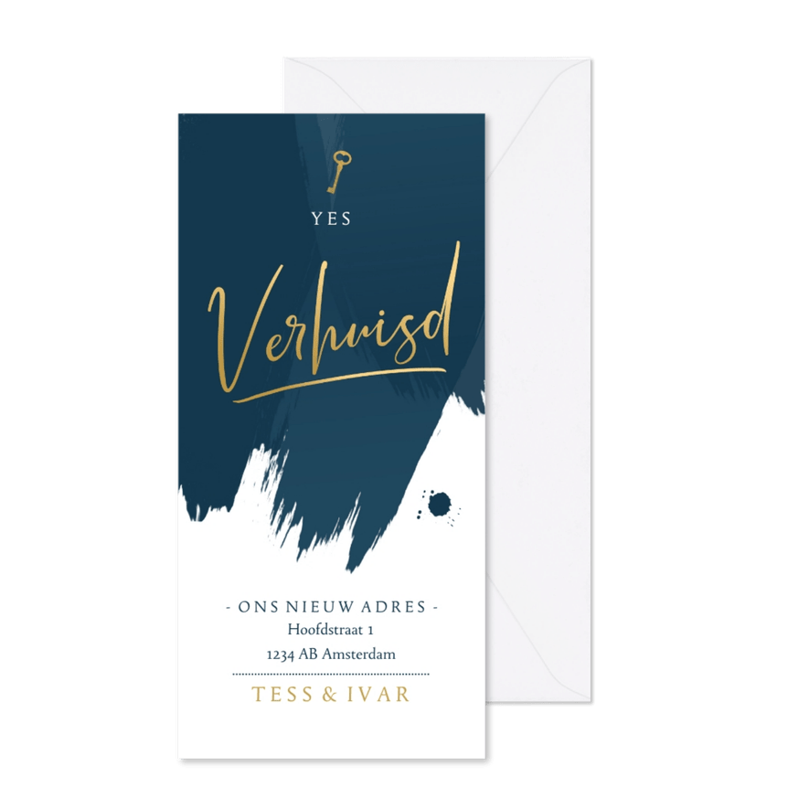 Verhuiskaart blauwe strepen met goudlook tekst - Kaartimpressie