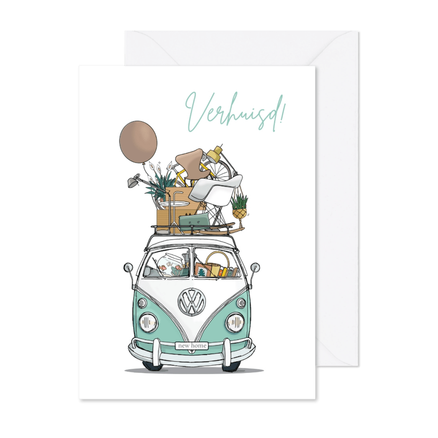 Verhuiskaart busje groenblauw - Kaartimpressie