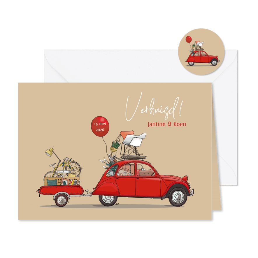 Verhuiskaart Citroën 2cv met aanhangwagen - Kaartimpressie