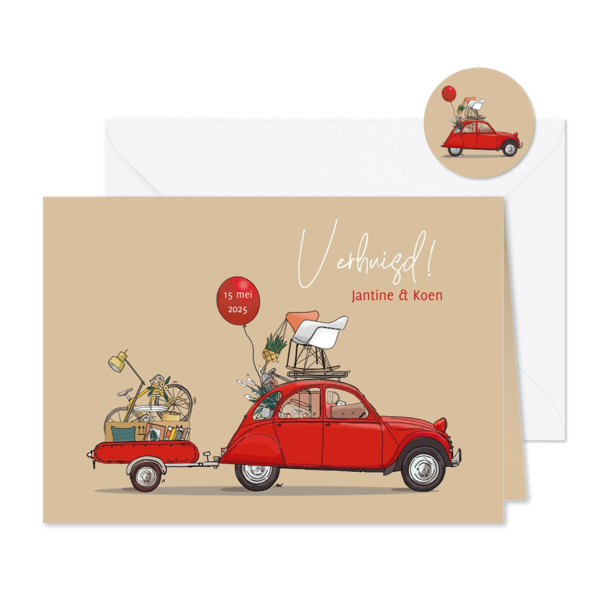 Verhuiskaart Citroën 2cv met aanhangwagen - Kaartimpressie